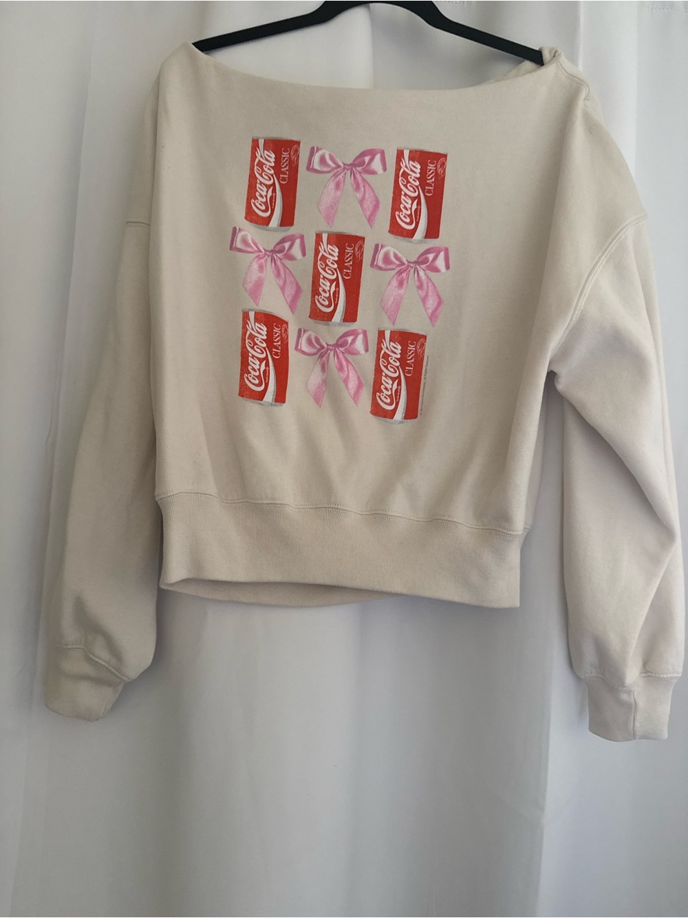 Abercrombie & Fitch Cream Off-the-Shoulder Sweater with Pink Bow & Red Graphic